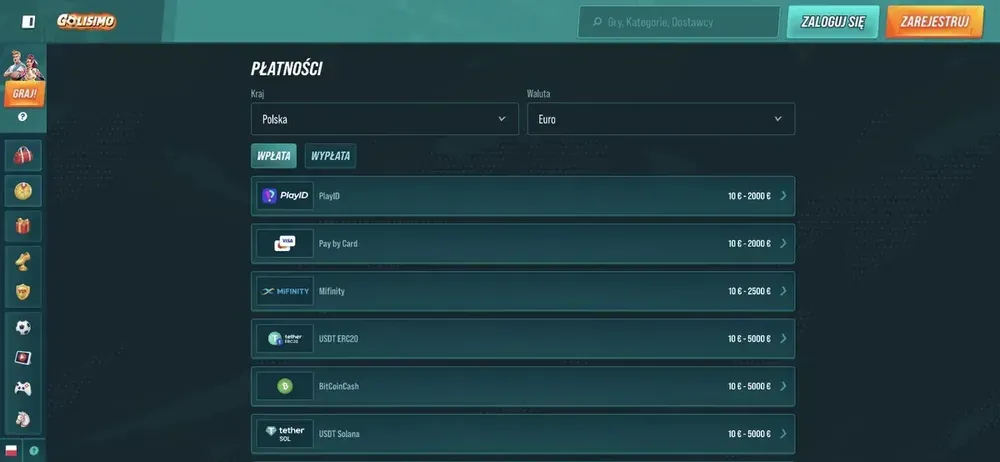 Golisimo wpłata - metody płatności PlayID, karta, MiFinity